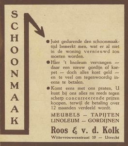 717411 Advertentie van de firma Roos & van der Kolk, 'op afbetaling', Wittevrouwenstraat 10 te Utrecht, voor de komende ...